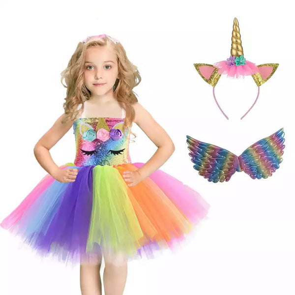 “Girls LED Light Up Unicorn Dress Tutu Horn Wings Costume Sequins Flowers Birthday Party Sydney Lucymelon MACARON”