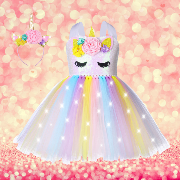 “Girls LED Light Up Unicorn Dress Tutu Horn Wings Costume Sequins Flowers Birthday Party Sydney Lucymelon MACARON”